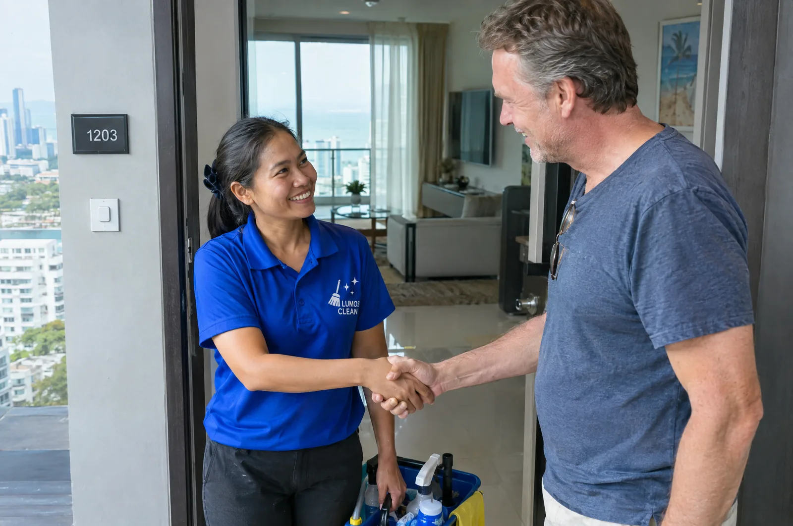 Lumos Clean team member greeting a client at the door