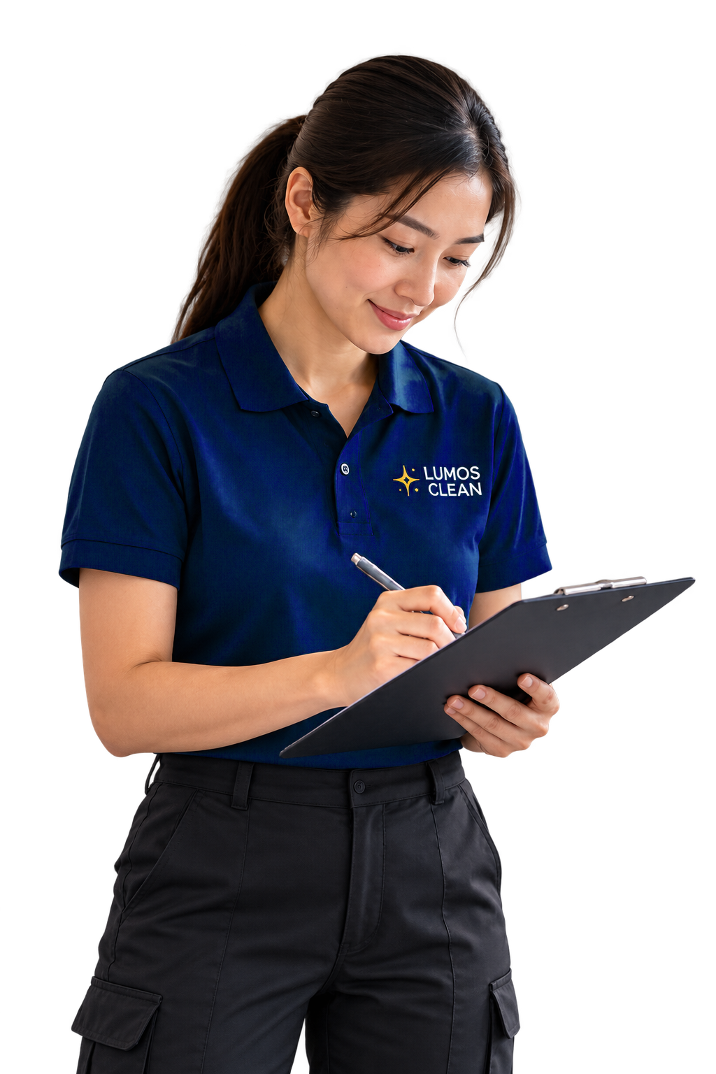 Lumos Clean team member with a clipboard